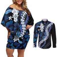 Polu Aloha Hawaii Lei Couples Matching Off Shoulder Short Dress and Long Sleeve Button Shirt Tropical Flowers Elegant Vibe LT14 Blue - Polynesian Pride