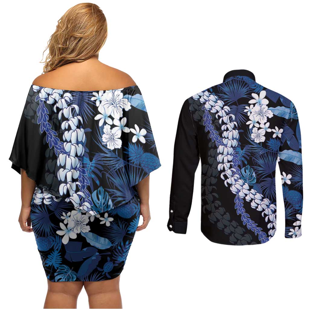 Polu Aloha Hawaii Lei Couples Matching Off Shoulder Short Dress and Long Sleeve Button Shirt Tropical Flowers Elegant Vibe LT14 - Polynesian Pride