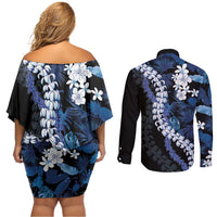 Polu Aloha Hawaii Lei Couples Matching Off Shoulder Short Dress and Long Sleeve Button Shirt Tropical Flowers Elegant Vibe LT14 - Polynesian Pride