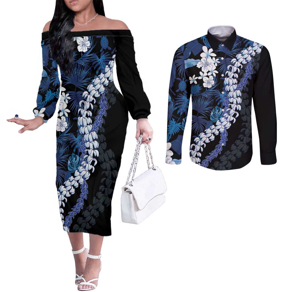 Polu Aloha Hawaii Lei Couples Matching Off The Shoulder Long Sleeve Dress and Long Sleeve Button Shirt Tropical Flowers Elegant Vibe LT14 Blue - Polynesian Pride