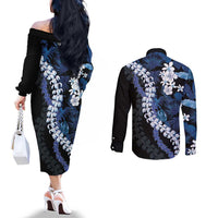 Polu Aloha Hawaii Lei Couples Matching Off The Shoulder Long Sleeve Dress and Long Sleeve Button Shirt Tropical Flowers Elegant Vibe LT14 - Polynesian Pride
