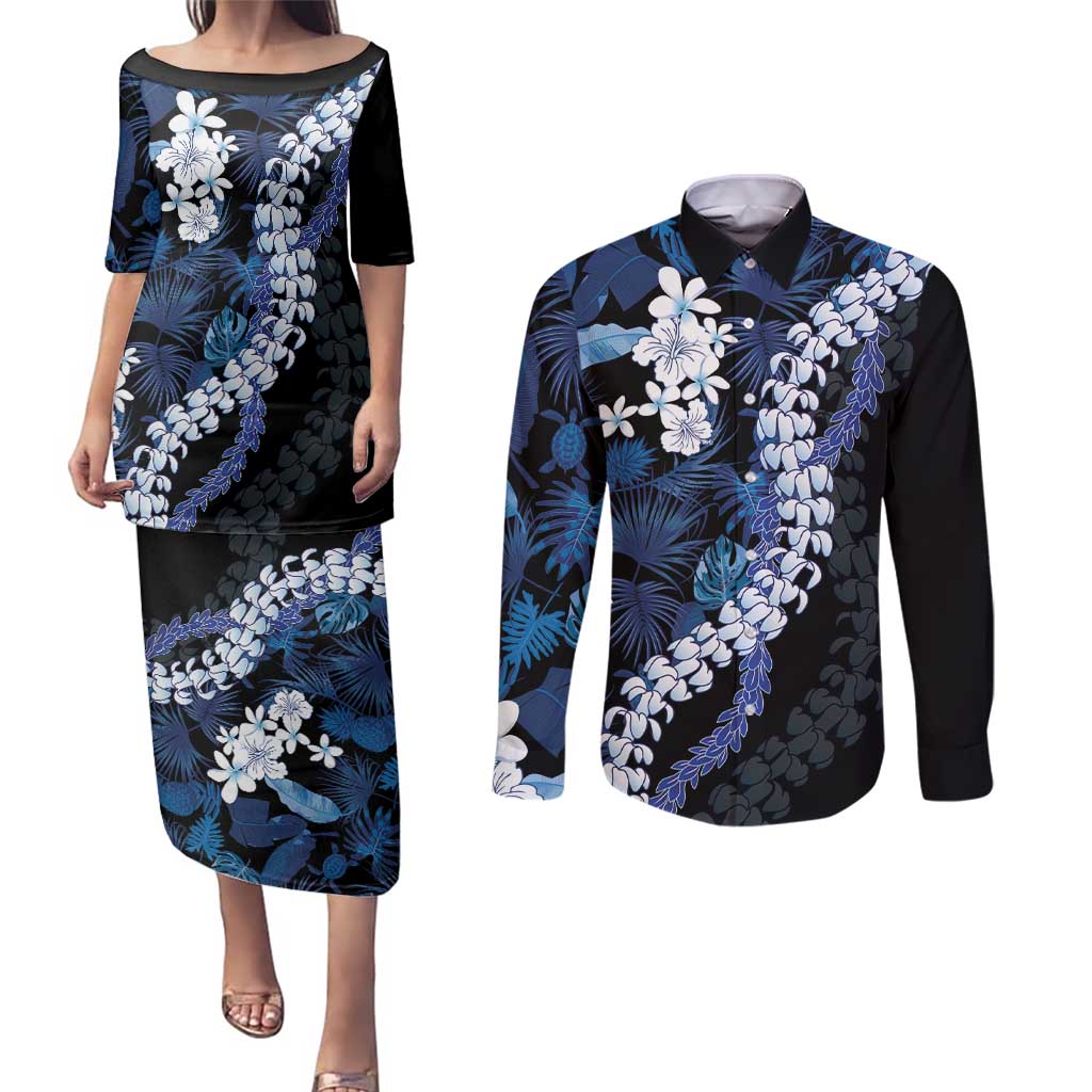 Polu Aloha Hawaii Lei Couples Matching Puletasi and Long Sleeve Button Shirt Tropical Flowers Elegant Vibe LT14 Blue - Polynesian Pride