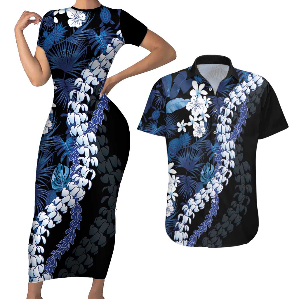 Polu Aloha Hawaii Lei Couples Matching Short Sleeve Bodycon Dress and Hawaiian Shirt Tropical Flowers Elegant Vibe LT14 Blue - Polynesian Pride