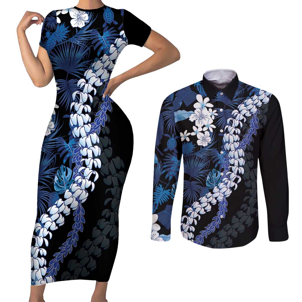Polu Aloha Hawaii Lei Couples Matching Short Sleeve Bodycon Dress and Long Sleeve Button Shirt Tropical Flowers Elegant Vibe LT14 Blue - Polynesian Pride