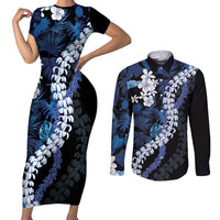 Polu Aloha Hawaii Lei Couples Matching Short Sleeve Bodycon Dress and Long Sleeve Button Shirt Tropical Flowers Elegant Vibe LT14 Blue - Polynesian Pride