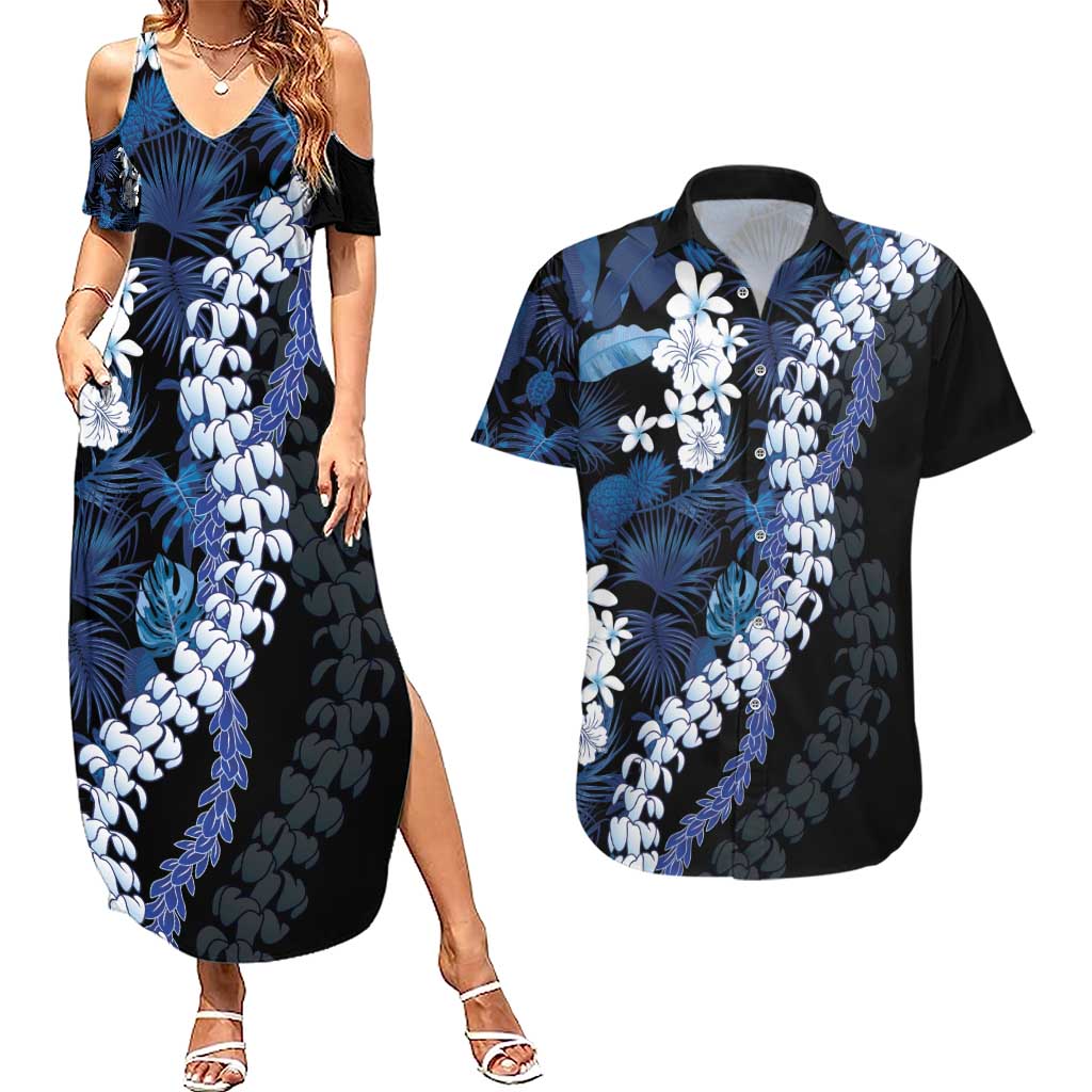 Polu Aloha Hawaii Lei Couples Matching Summer Maxi Dress and Hawaiian Shirt Tropical Flowers Elegant Vibe LT14 Blue - Polynesian Pride