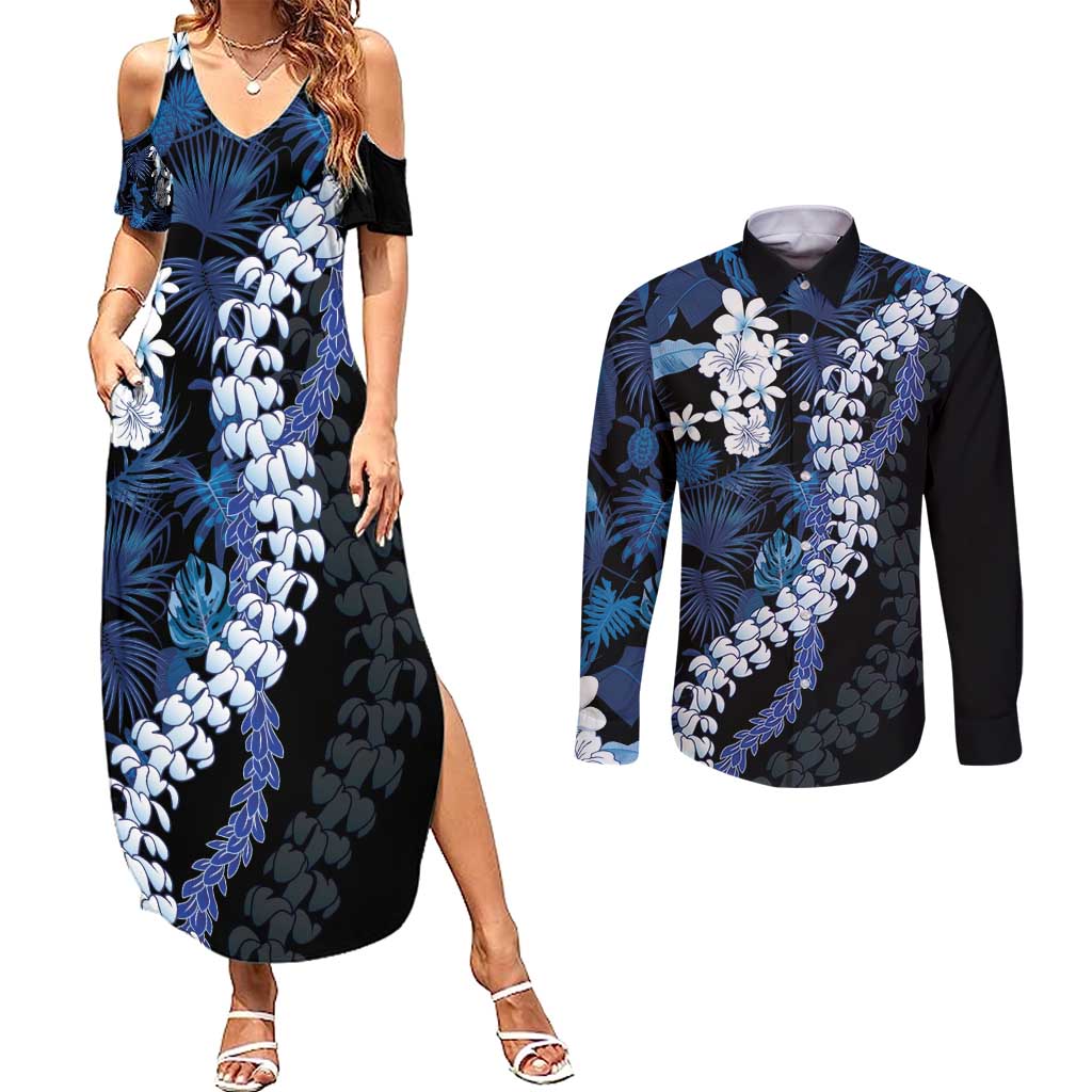 Polu Aloha Hawaii Lei Couples Matching Summer Maxi Dress and Long Sleeve Button Shirt Tropical Flowers Elegant Vibe LT14 Blue - Polynesian Pride