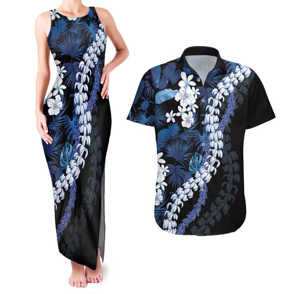 Polu Aloha Hawaii Lei Couples Matching Tank Maxi Dress and Hawaiian Shirt Tropical Flowers Elegant Vibe LT14 Blue - Polynesian Pride