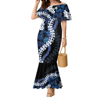 Polu Aloha Hawaii Lei Family Matching Mermaid Dress and Hawaiian Shirt Tropical Flowers Elegant Vibe LT14 Mom's Dress Blue - Polynesian Pride