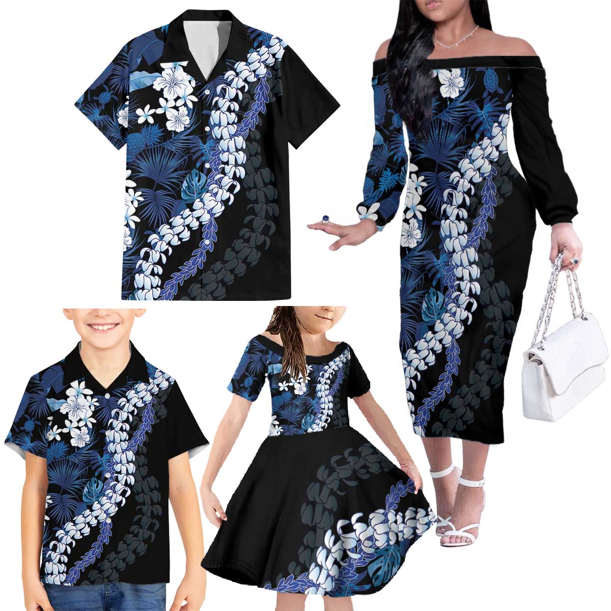 Polu Aloha Hawaii Lei Family Matching Off The Shoulder Long Sleeve Dress and Hawaiian Shirt Tropical Flowers Elegant Vibe LT14 - Polynesian Pride