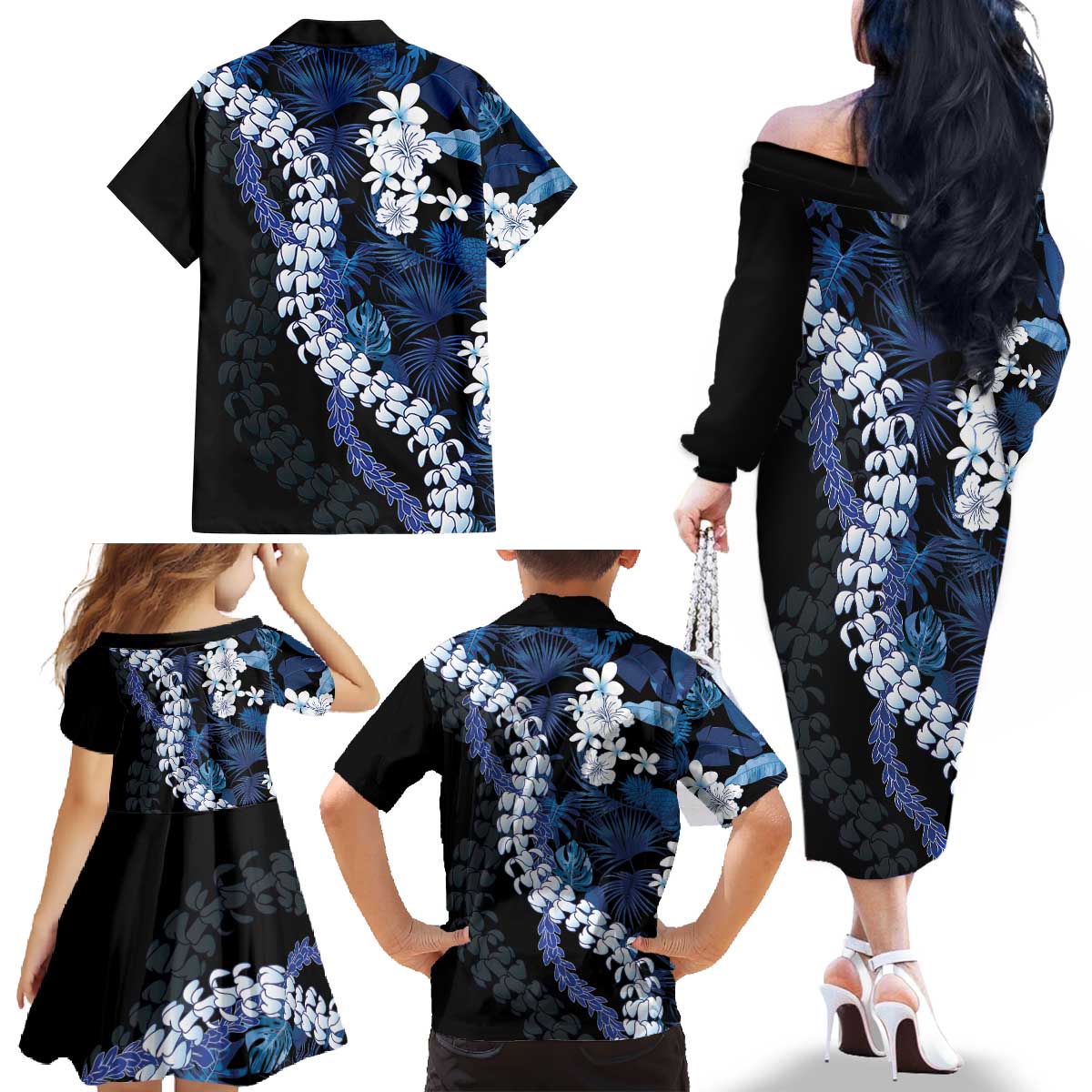 Polu Aloha Hawaii Lei Family Matching Off The Shoulder Long Sleeve Dress and Hawaiian Shirt Tropical Flowers Elegant Vibe LT14 - Polynesian Pride