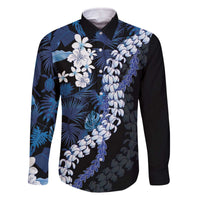 Polu Aloha Hawaii Lei Family Matching Off The Shoulder Long Sleeve Dress and Hawaiian Shirt Tropical Flowers Elegant Vibe LT14 Dad's Shirt - Long Sleeve Blue - Polynesian Pride