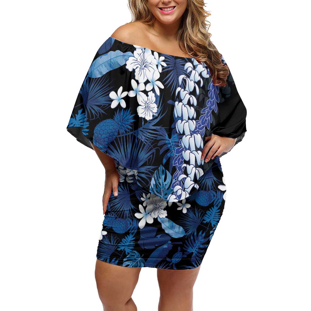 Polu Aloha Hawaii Lei Family Matching Off Shoulder Short Dress and Hawaiian Shirt Tropical Flowers Elegant Vibe LT14 Mom's Dress Blue - Polynesian Pride