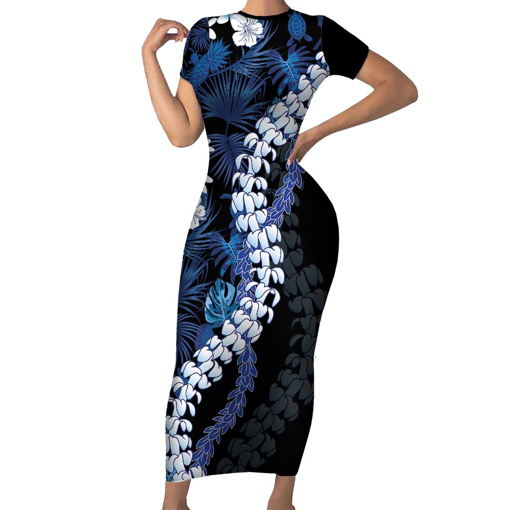 Polu Aloha Hawaii Lei Family Matching Short Sleeve Bodycon Dress and Hawaiian Shirt Tropical Flowers Elegant Vibe LT14 Mom's Dress Blue - Polynesian Pride