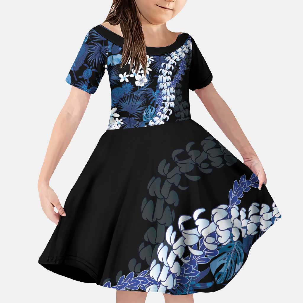 Polu Aloha Hawaii Lei Family Matching Tank Maxi Dress and Hawaiian Shirt Tropical Flowers Elegant Vibe LT14 Daughter's Dress Blue - Polynesian Pride