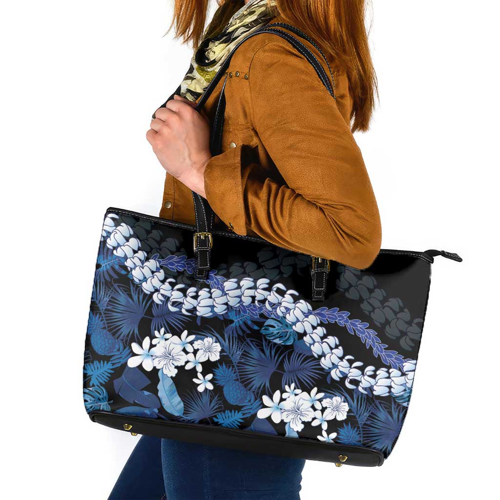 Polu Aloha Hawaii Lei Leather Tote Bag Tropical Flowers Elegant Vibe LT14 Blue - Polynesian Pride