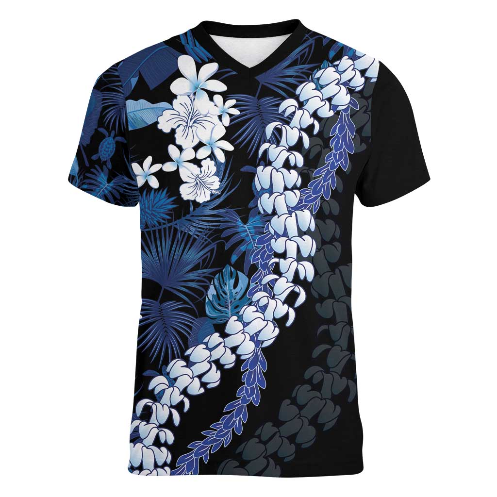 Polu Aloha Hawaii Lei Women V-Neck T-Shirt Tropical Flowers Elegant Vibe LT14 Female Blue - Polynesian Pride