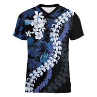 Polu Aloha Hawaii Lei Women V-Neck T-Shirt Tropical Flowers Elegant Vibe LT14 Female Blue - Polynesian Pride