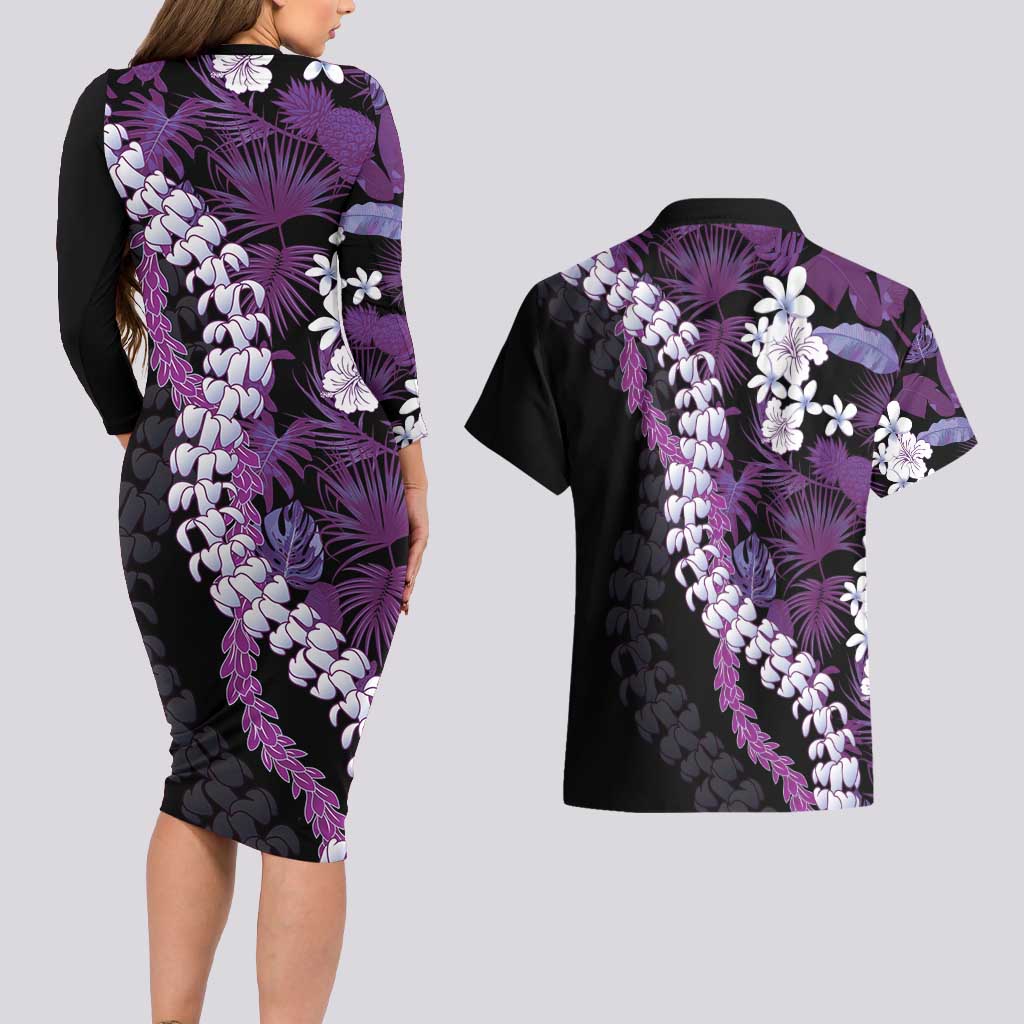 Poni Aloha Hawaii Lei Couples Matching Long Sleeve Bodycon Dress and Hawaiian Shirt Tropical Flowers Elegant Vibe LT14 - Polynesian Pride