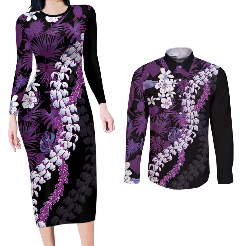 Poni Aloha Hawaii Lei Couples Matching Long Sleeve Bodycon Dress and Long Sleeve Button Shirt Tropical Flowers Elegant Vibe LT14 Purple - Polynesian Pride