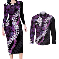 Poni Aloha Hawaii Lei Couples Matching Long Sleeve Bodycon Dress and Long Sleeve Button Shirt Tropical Flowers Elegant Vibe LT14 Purple - Polynesian Pride