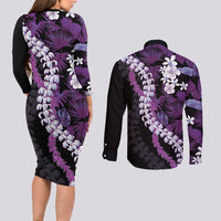Poni Aloha Hawaii Lei Couples Matching Long Sleeve Bodycon Dress and Long Sleeve Button Shirt Tropical Flowers Elegant Vibe LT14 - Polynesian Pride