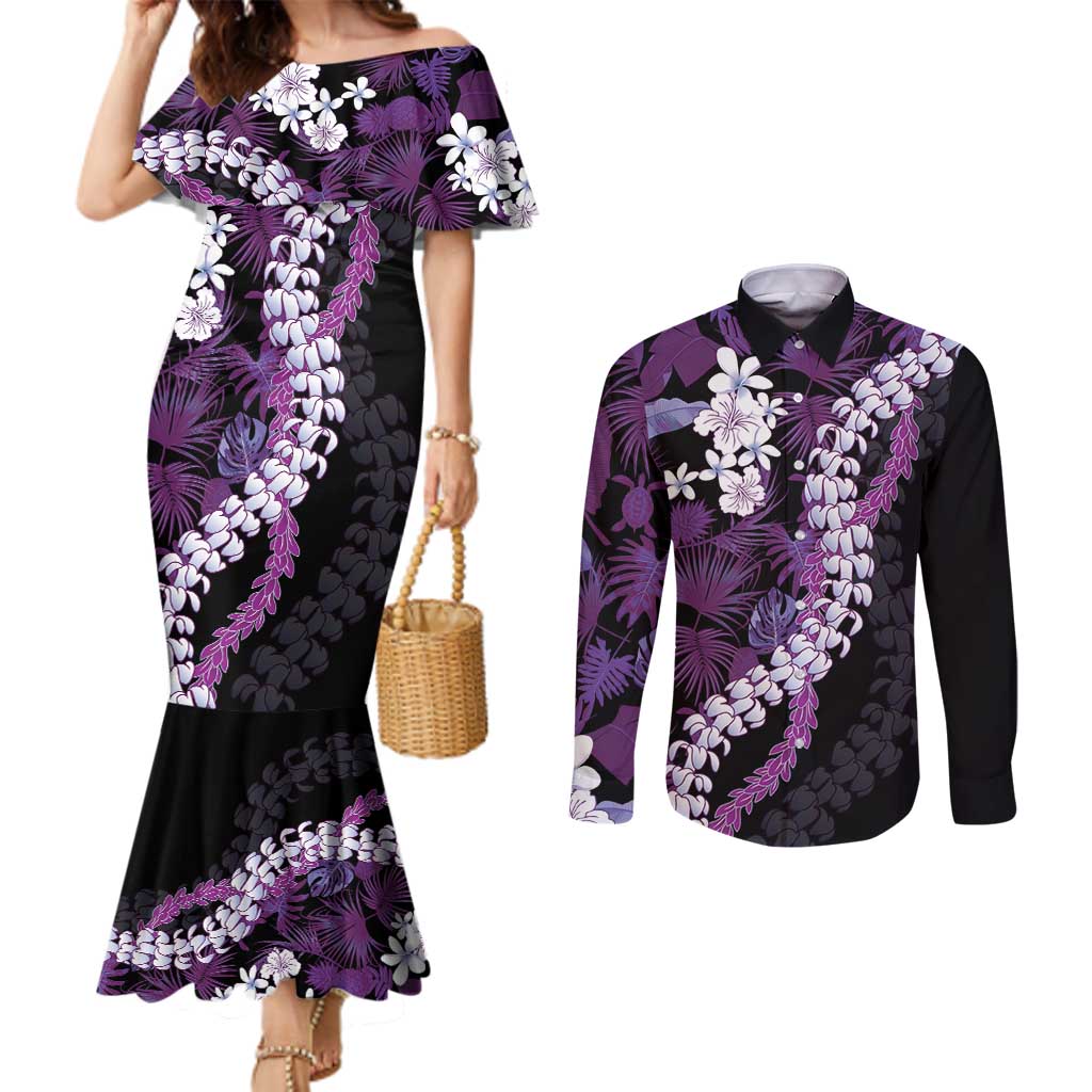 Poni Aloha Hawaii Lei Couples Matching Mermaid Dress and Long Sleeve Button Shirt Tropical Flowers Elegant Vibe LT14 Purple - Polynesian Pride