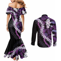Poni Aloha Hawaii Lei Couples Matching Mermaid Dress and Long Sleeve Button Shirt Tropical Flowers Elegant Vibe LT14 - Polynesian Pride