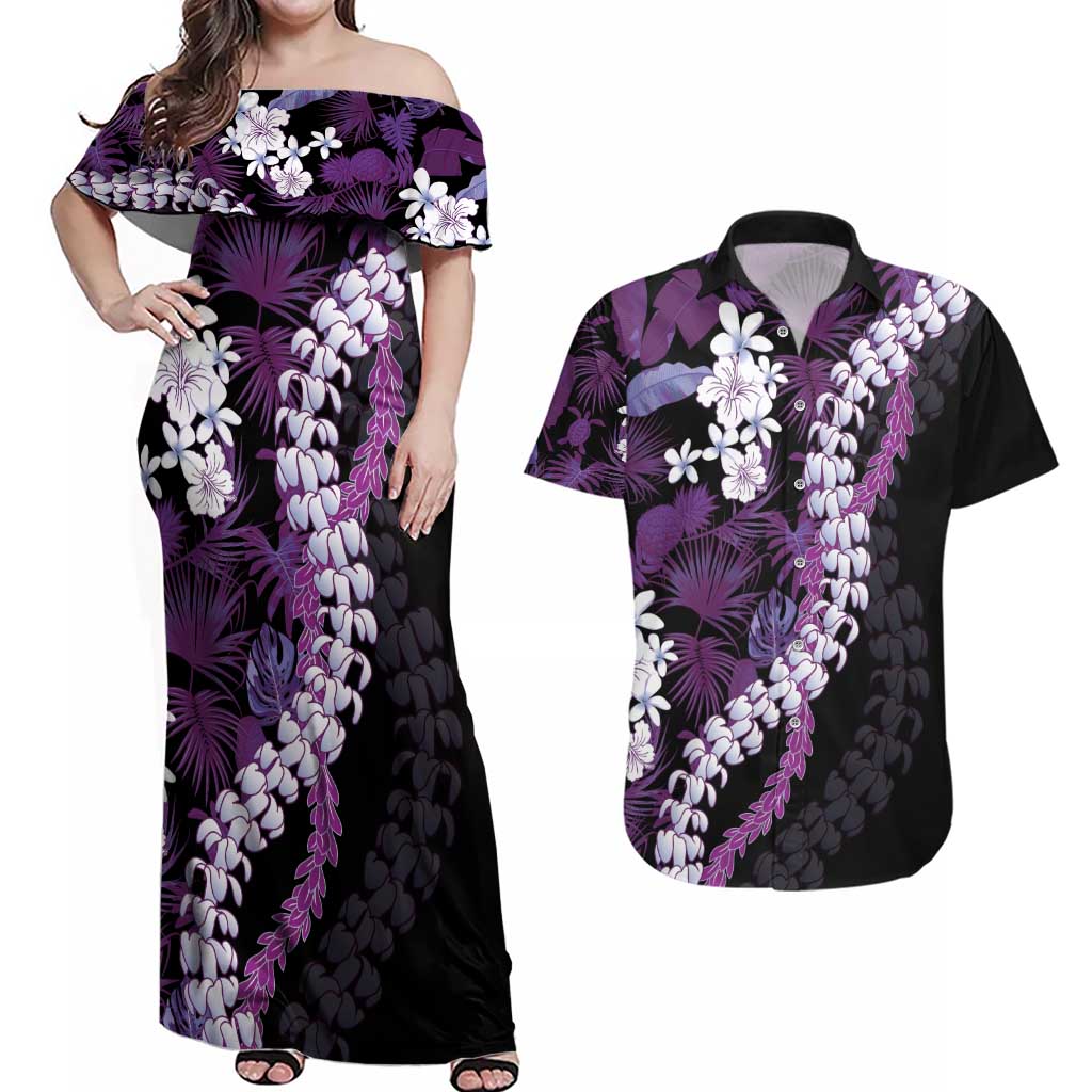 Poni Aloha Hawaii Lei Couples Matching Off Shoulder Maxi Dress and Hawaiian Shirt Tropical Flowers Elegant Vibe LT14 Purple - Polynesian Pride