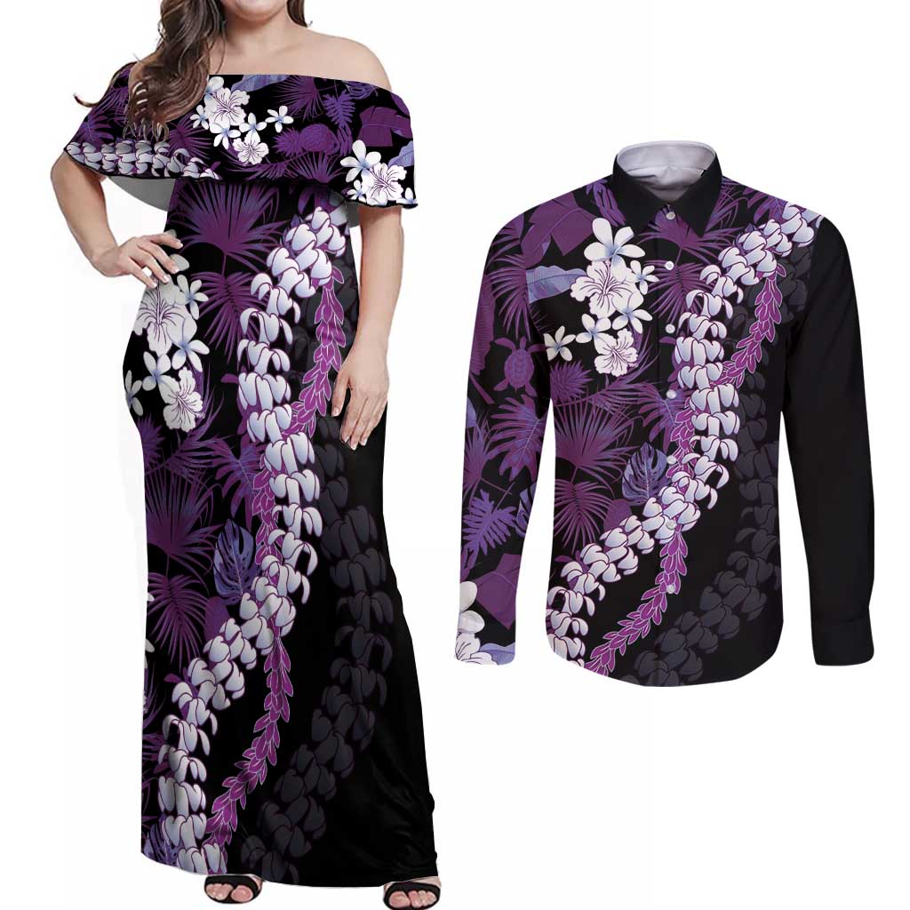 Poni Aloha Hawaii Lei Couples Matching Off Shoulder Maxi Dress and Long Sleeve Button Shirt Tropical Flowers Elegant Vibe LT14 Purple - Polynesian Pride