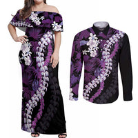 Poni Aloha Hawaii Lei Couples Matching Off Shoulder Maxi Dress and Long Sleeve Button Shirt Tropical Flowers Elegant Vibe LT14 Purple - Polynesian Pride