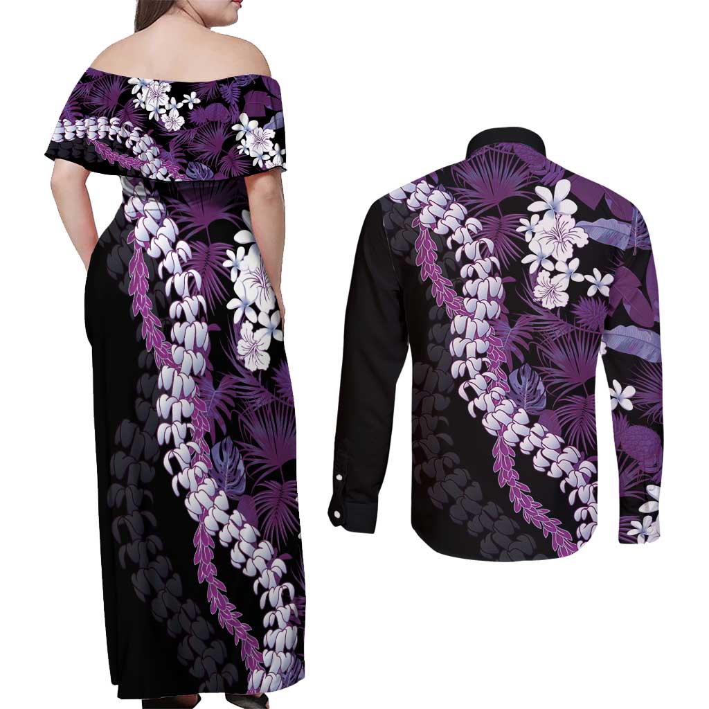 Poni Aloha Hawaii Lei Couples Matching Off Shoulder Maxi Dress and Long Sleeve Button Shirt Tropical Flowers Elegant Vibe LT14 - Polynesian Pride