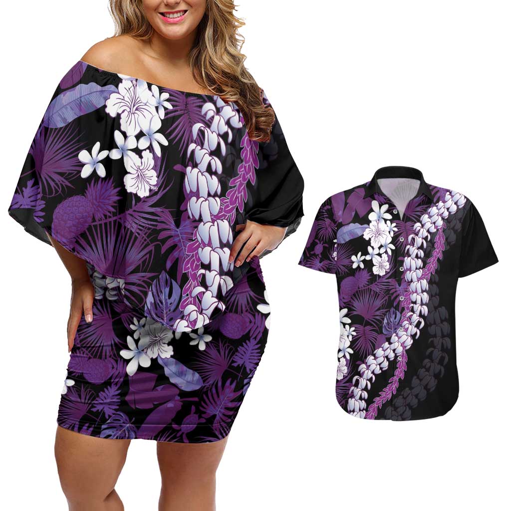 Poni Aloha Hawaii Lei Couples Matching Off Shoulder Short Dress and Hawaiian Shirt Tropical Flowers Elegant Vibe LT14 Purple - Polynesian Pride