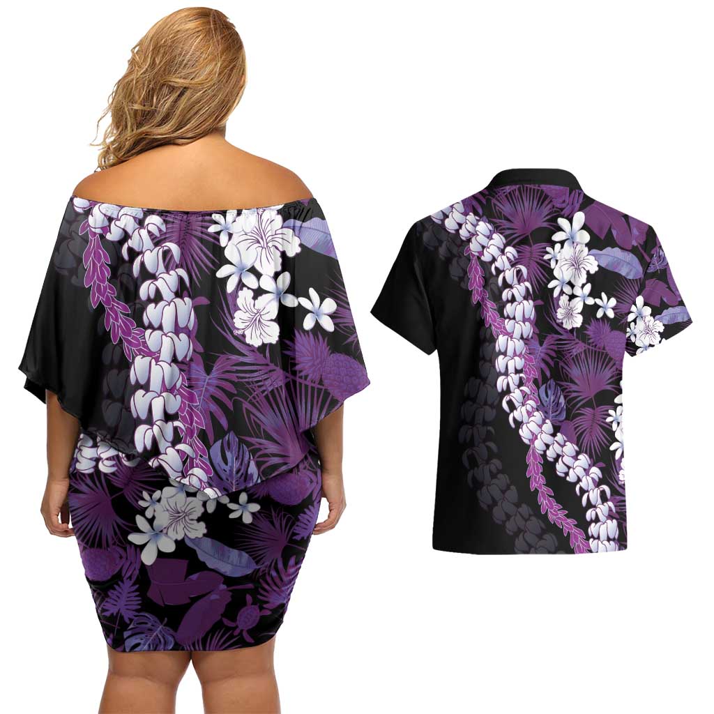 Poni Aloha Hawaii Lei Couples Matching Off Shoulder Short Dress and Hawaiian Shirt Tropical Flowers Elegant Vibe LT14 - Polynesian Pride