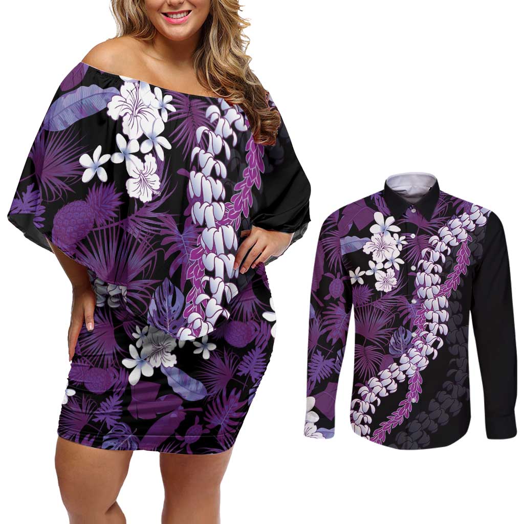 Poni Aloha Hawaii Lei Couples Matching Off Shoulder Short Dress and Long Sleeve Button Shirt Tropical Flowers Elegant Vibe LT14 Purple - Polynesian Pride