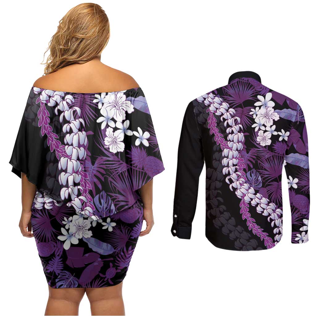 Poni Aloha Hawaii Lei Couples Matching Off Shoulder Short Dress and Long Sleeve Button Shirt Tropical Flowers Elegant Vibe LT14 - Polynesian Pride