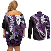 Poni Aloha Hawaii Lei Couples Matching Off Shoulder Short Dress and Long Sleeve Button Shirt Tropical Flowers Elegant Vibe LT14 - Polynesian Pride