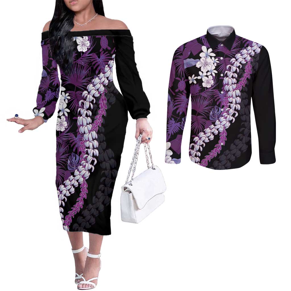 Poni Aloha Hawaii Lei Couples Matching Off The Shoulder Long Sleeve Dress and Long Sleeve Button Shirt Tropical Flowers Elegant Vibe LT14 Purple - Polynesian Pride