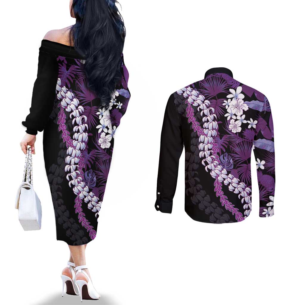 Poni Aloha Hawaii Lei Couples Matching Off The Shoulder Long Sleeve Dress and Long Sleeve Button Shirt Tropical Flowers Elegant Vibe LT14 - Polynesian Pride