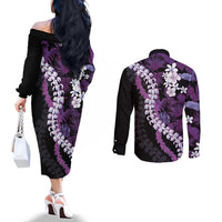 Poni Aloha Hawaii Lei Couples Matching Off The Shoulder Long Sleeve Dress and Long Sleeve Button Shirt Tropical Flowers Elegant Vibe LT14 - Polynesian Pride