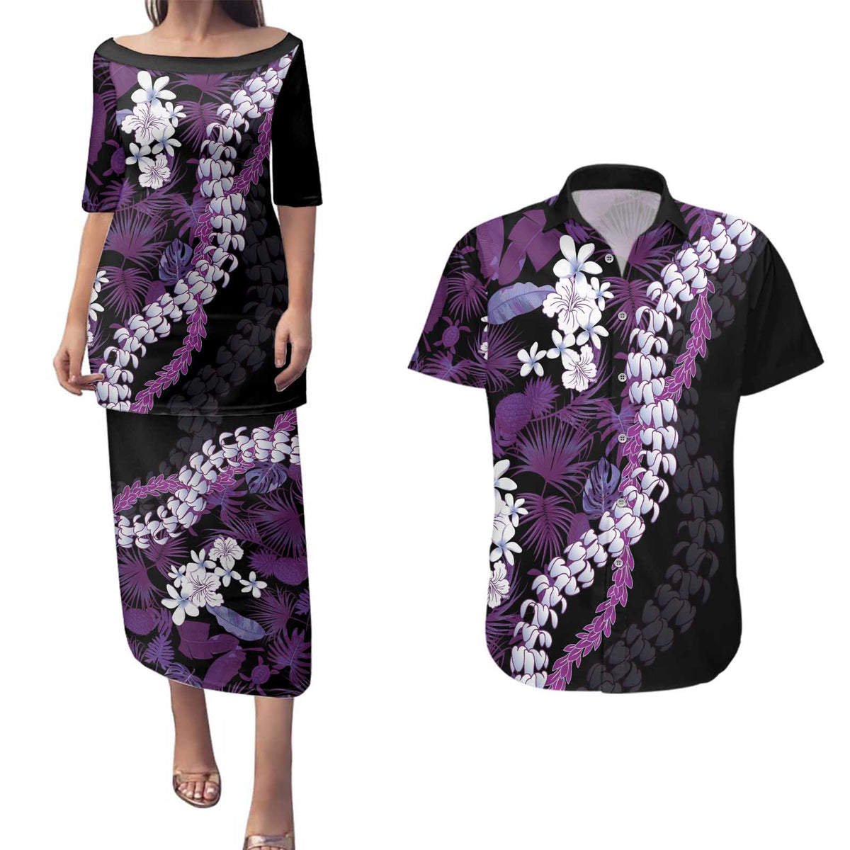 Poni Aloha Hawaii Lei Couples Matching Puletasi and Hawaiian Shirt Tropical Flowers Elegant Vibe LT14 Purple - Polynesian Pride