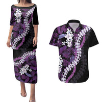 Poni Aloha Hawaii Lei Couples Matching Puletasi and Hawaiian Shirt Tropical Flowers Elegant Vibe LT14 Purple - Polynesian Pride