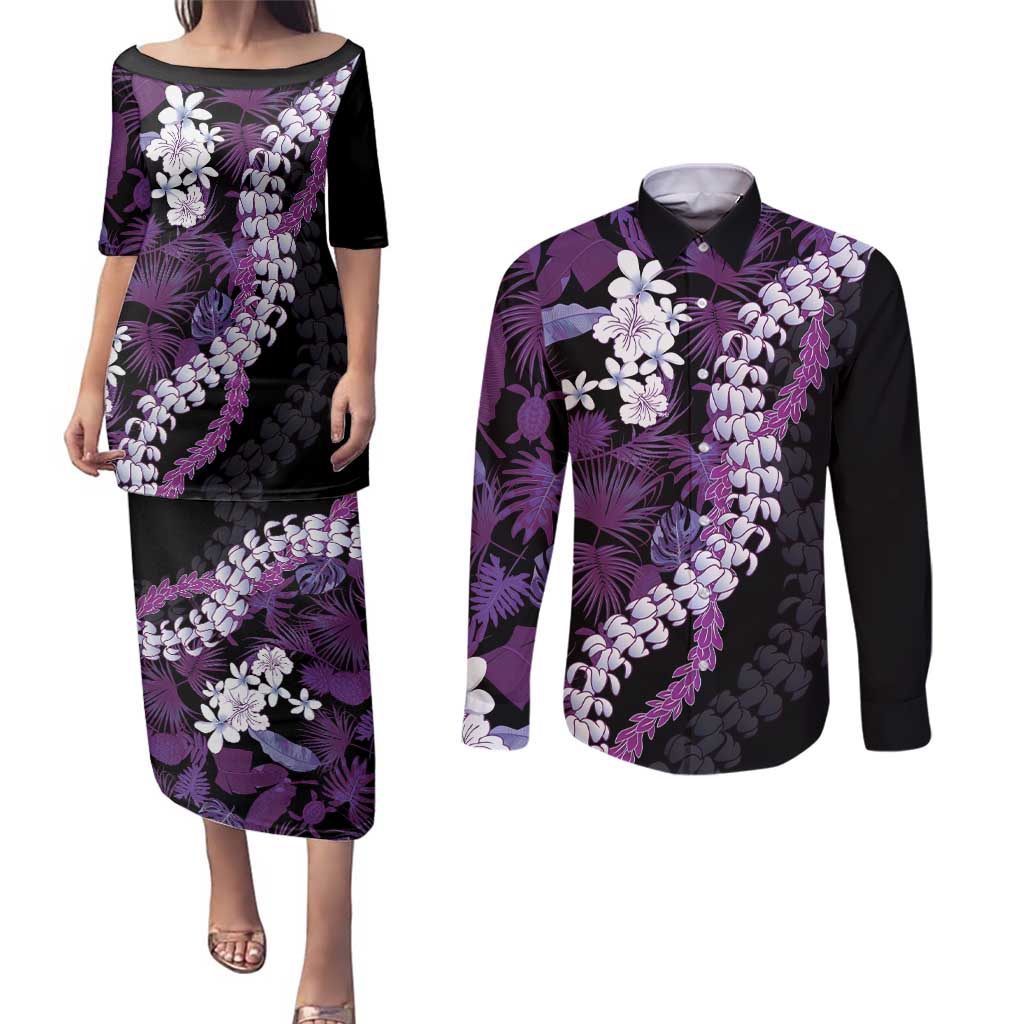 Poni Aloha Hawaii Lei Couples Matching Puletasi and Long Sleeve Button Shirt Tropical Flowers Elegant Vibe LT14 Purple - Polynesian Pride