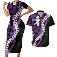 Poni Aloha Hawaii Lei Couples Matching Short Sleeve Bodycon Dress and Hawaiian Shirt Tropical Flowers Elegant Vibe LT14 Purple - Polynesian Pride
