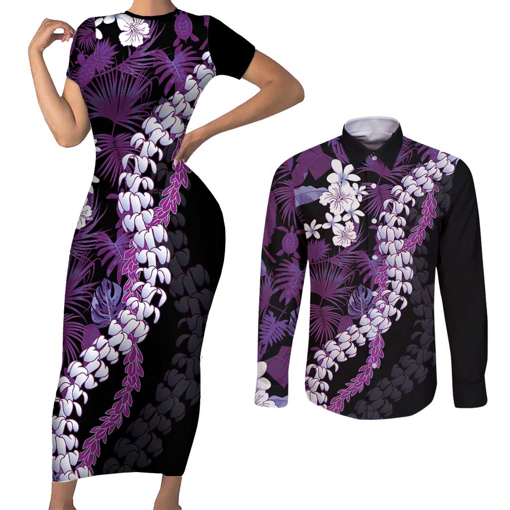 Poni Aloha Hawaii Lei Couples Matching Short Sleeve Bodycon Dress and Long Sleeve Button Shirt Tropical Flowers Elegant Vibe LT14 Purple - Polynesian Pride