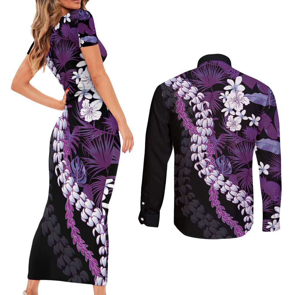 Poni Aloha Hawaii Lei Couples Matching Short Sleeve Bodycon Dress and Long Sleeve Button Shirt Tropical Flowers Elegant Vibe LT14 - Polynesian Pride