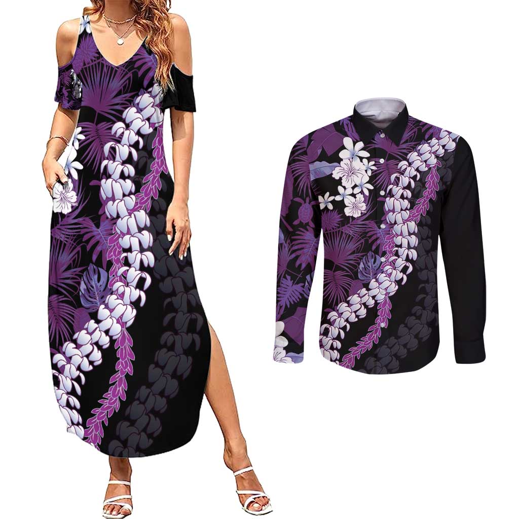Poni Aloha Hawaii Lei Couples Matching Summer Maxi Dress and Long Sleeve Button Shirt Tropical Flowers Elegant Vibe LT14 Purple - Polynesian Pride