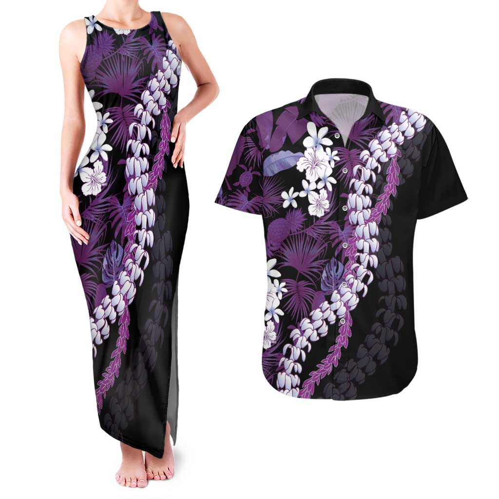 Poni Aloha Hawaii Lei Couples Matching Tank Maxi Dress and Hawaiian Shirt Tropical Flowers Elegant Vibe LT14 Purple - Polynesian Pride
