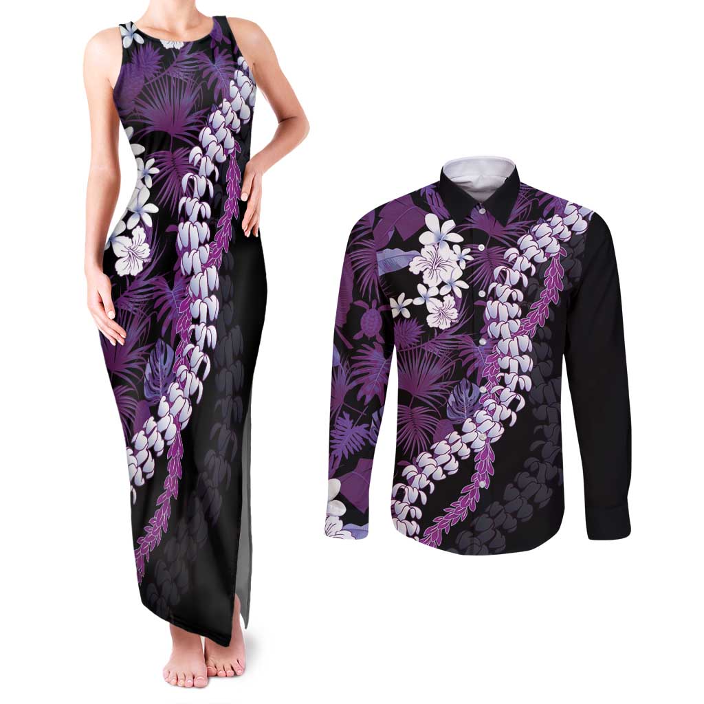 Poni Aloha Hawaii Lei Couples Matching Tank Maxi Dress and Long Sleeve Button Shirt Tropical Flowers Elegant Vibe LT14 Purple - Polynesian Pride