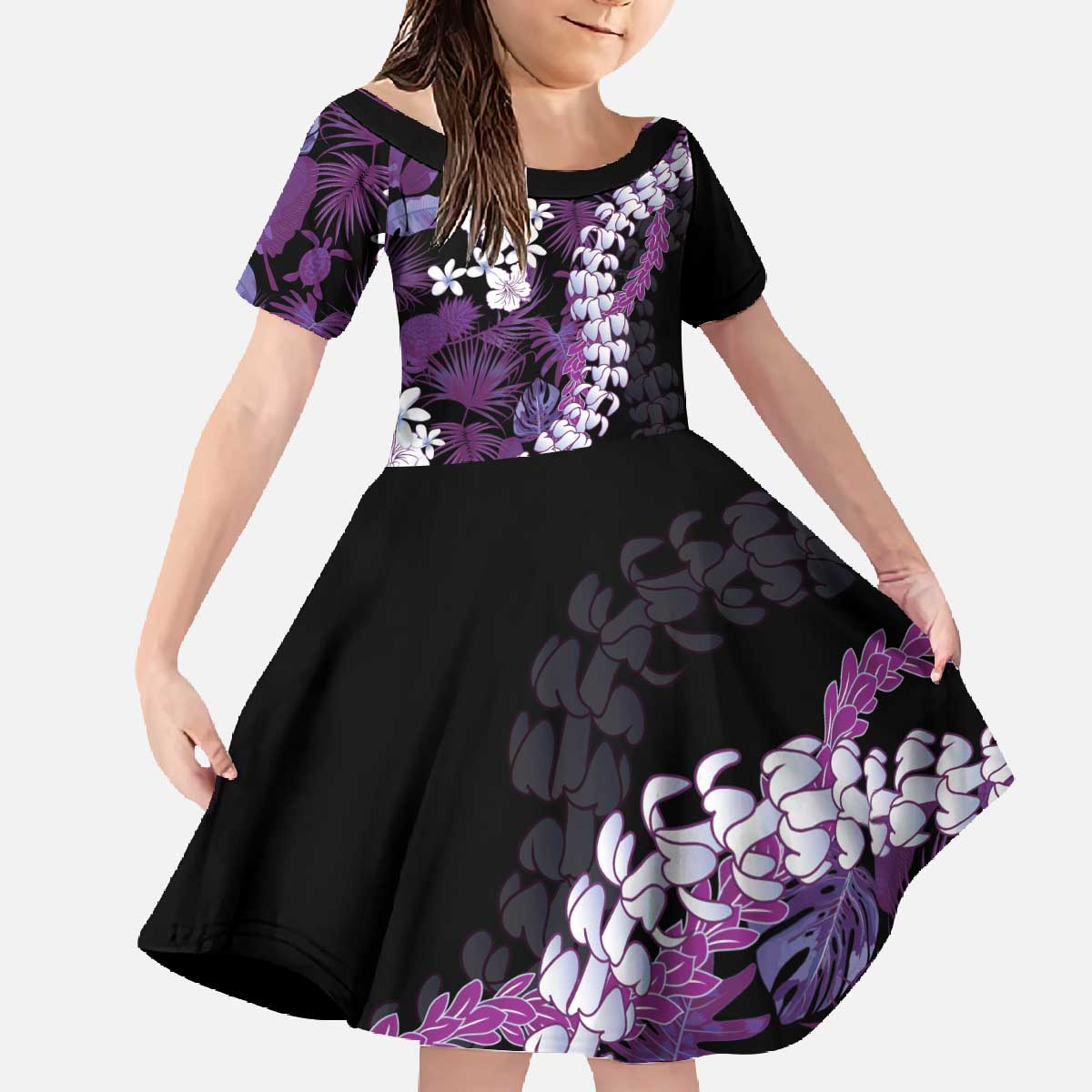 Poni Aloha Hawaii Lei Family Matching Off The Shoulder Long Sleeve Dress and Hawaiian Shirt Tropical Flowers Elegant Vibe LT14 Daughter's Dress Purple - Polynesian Pride
